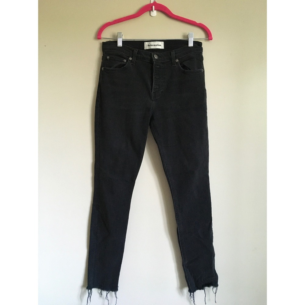 Reformation High Rise Skinny Jeans Faded Black Button Fly Raw Hem Size 26